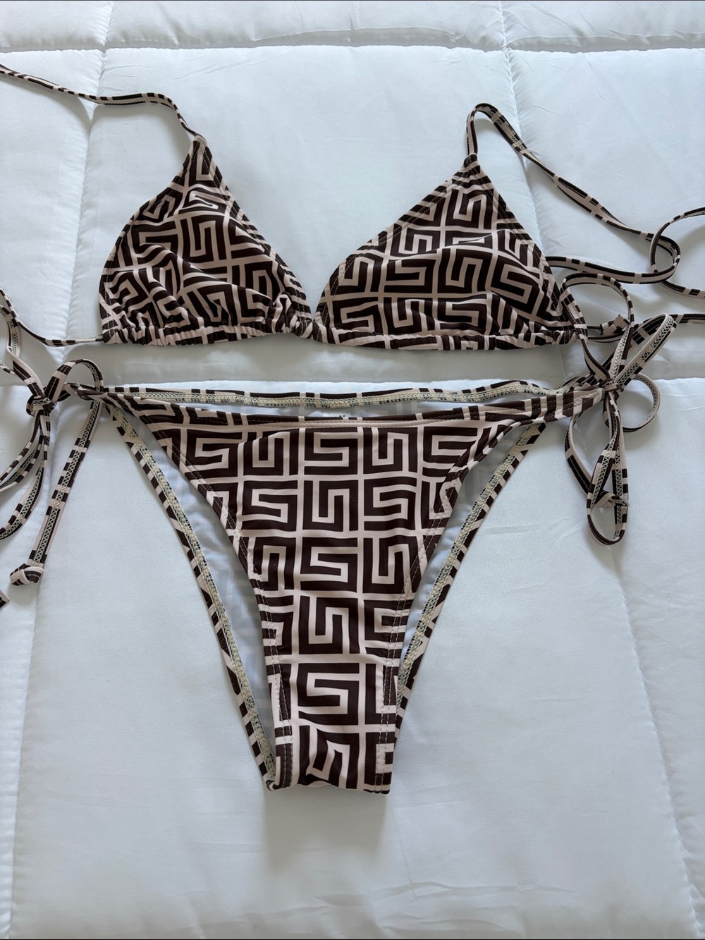 Brown Geometric Tie-Side Triangle Bikini - Women Swim
